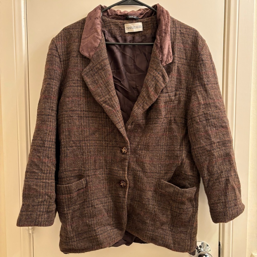 Charles Klein Plaid Blazer Jacket Pure Wool Velour Collar Greek Brown Women's 16